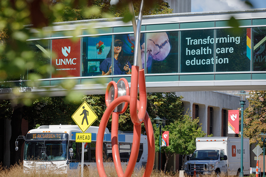 Stethoscope sculpture and elevated walkway across 42nd street at the UNMC campus