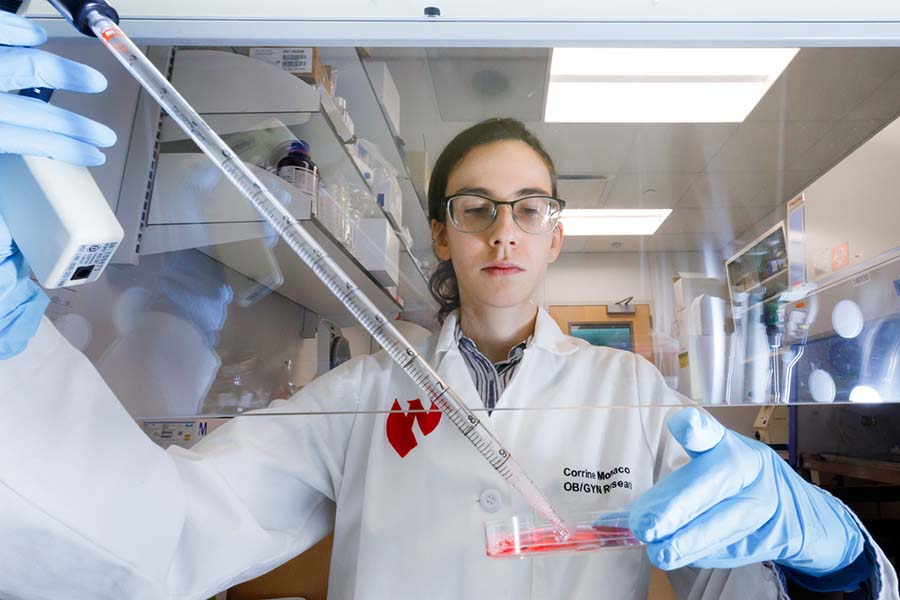 A doctoral student in the UNMC Integrative Physiology & Molecular Medicine program works in a lab.