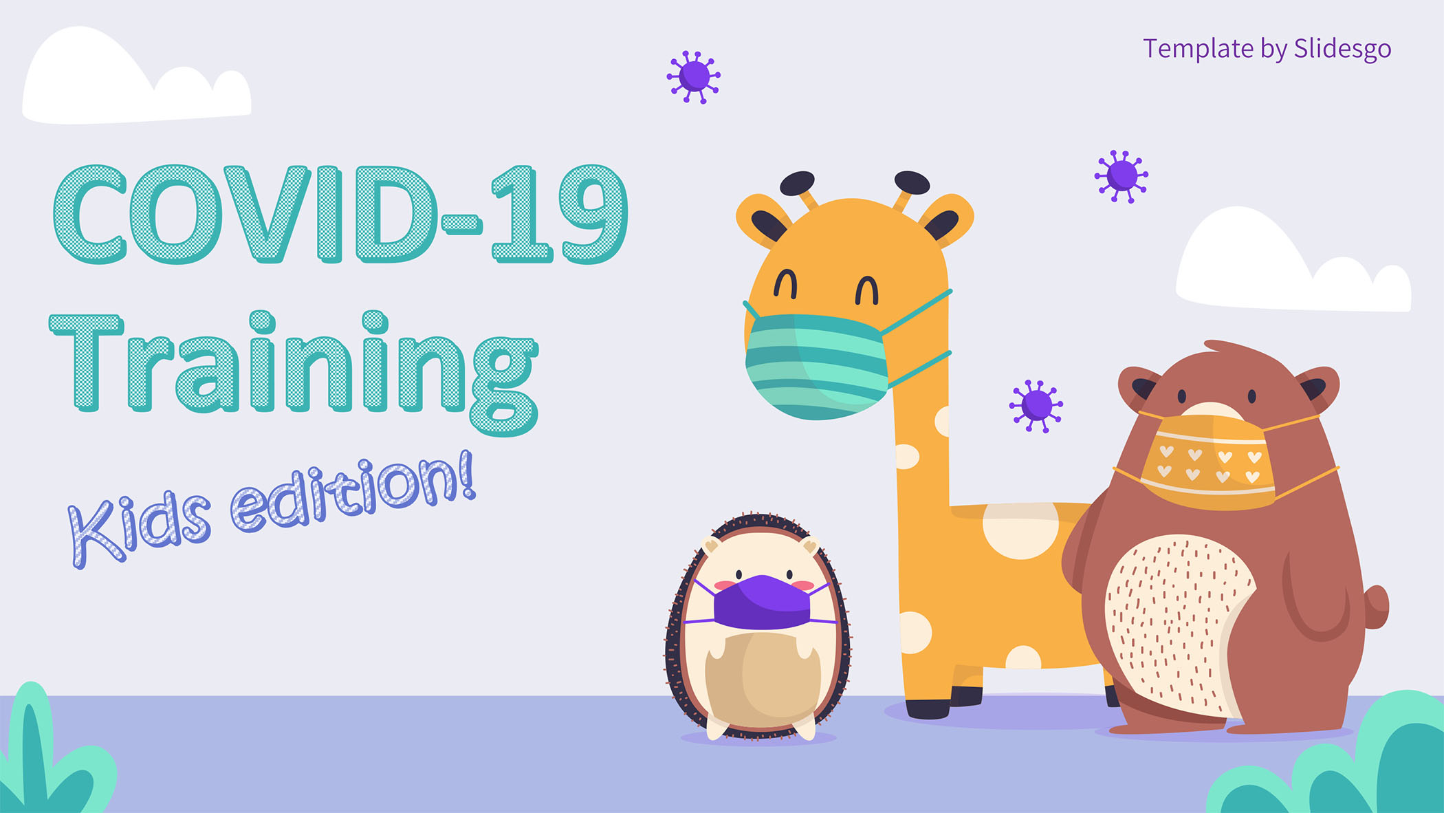 A graphic that says "COVID-19 Training Kids Edition" with a cartoon giraffe, hedgehog and bear wearing masks.