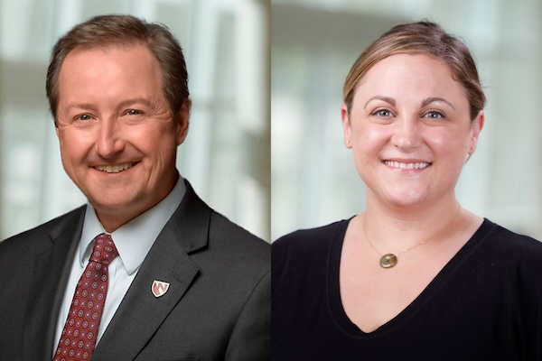 Professional headshots of Chris Kratochvil, MD, vice chancellor for external relations at UNMC, and Lauren Sauer, associate director of research in the Global Center for Health Security
