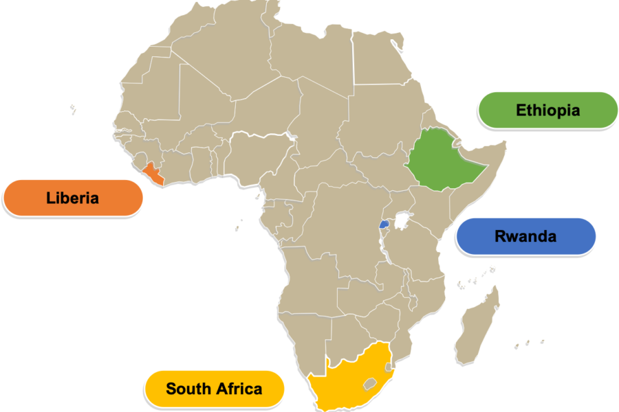 Map of Africa with Liberia, Ethiopia, Rwanda, and South Africa highlighted.