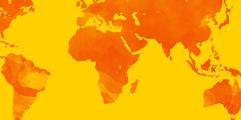 Map of the world in yellow and orange.