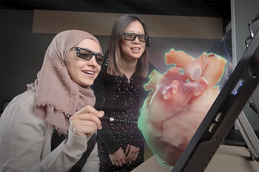 Two students view a 3D rendition of a heart.