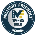 Image of a badge with Military Friendly logo and text "Military Friendly '23-24 Gold, Top 10 School"