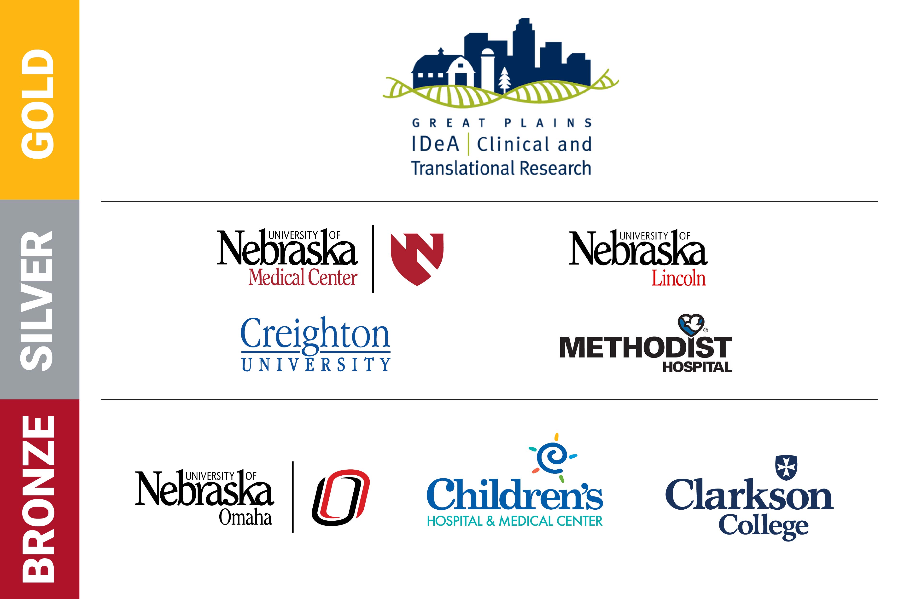 The Great Plains IDeA-CTR is a Gold sponsor. UNMC, the University of Nebraska-Lincoln, Creighton University, and Methodist Hospital are silver sponsors. The University of Nebraska at Omaha, Nebraska Children's Hospital and Medical Center, and Clarkson College are bronze sponsors.